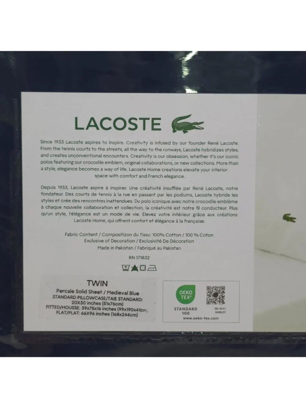 Lacoste Navy Twin 100% Cotton Percale Sheets Durable Medieval Blue Lightweight